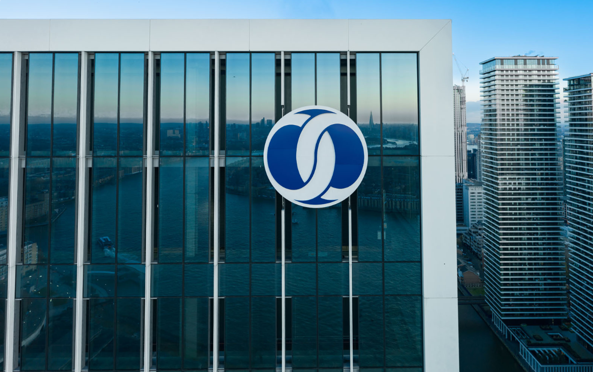 EBRD headquarters in Canary Wharf, London, with visible logo